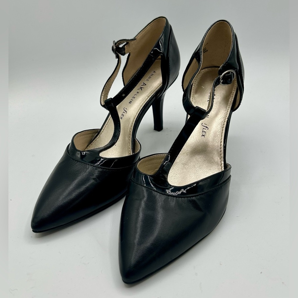Anne Klein Flex Leather High Heels Pointed Toe Black Buckle Straps Womens 8M
